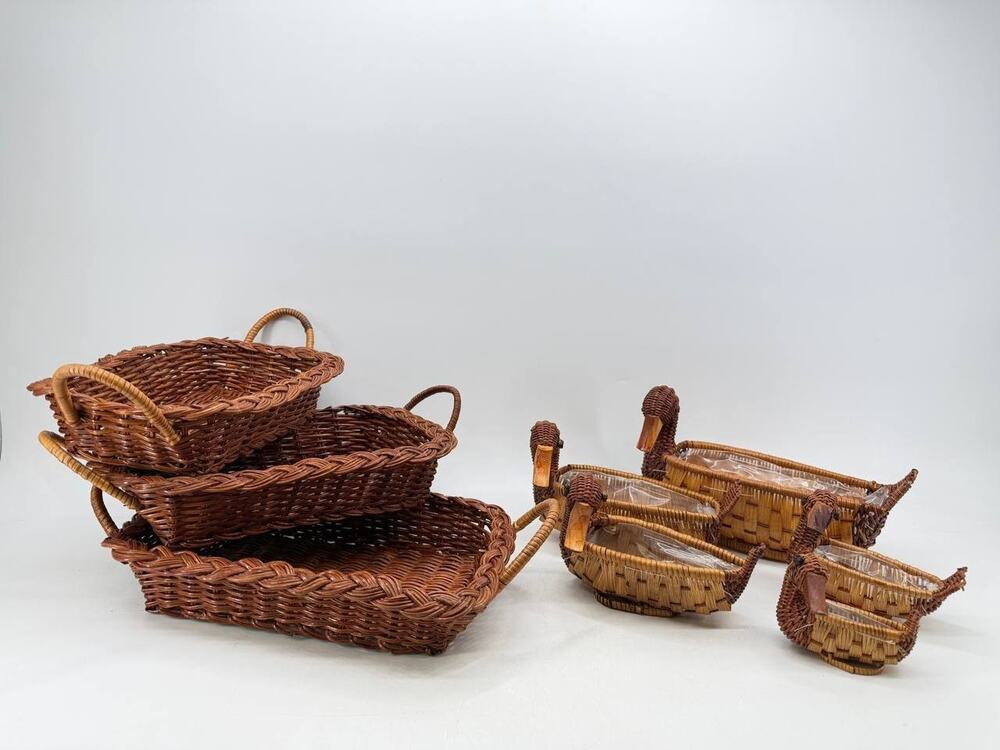 Vintage Woven Wood Wicker Basket Lot Duck Planters Farmhouse Decor 1.1 lb